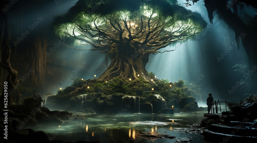 Poster a man standing in front of a giant tree in a forest. generative ai