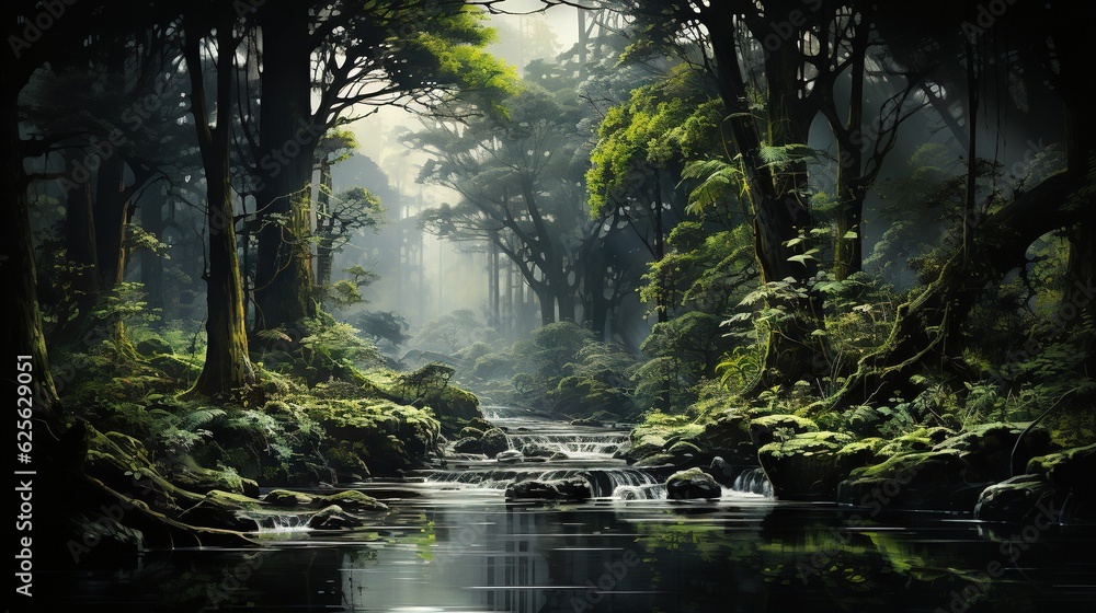 Canvas Prints a painting of a stream running through a lush green forest. generative ai