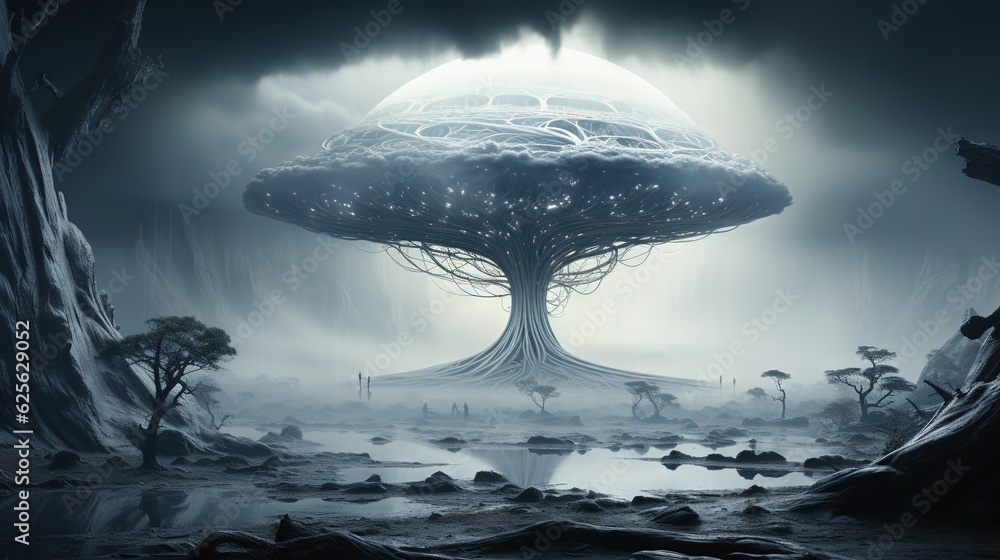 Poster a futuristic landscape with a huge mushroom like structure in the middle of it. generative ai