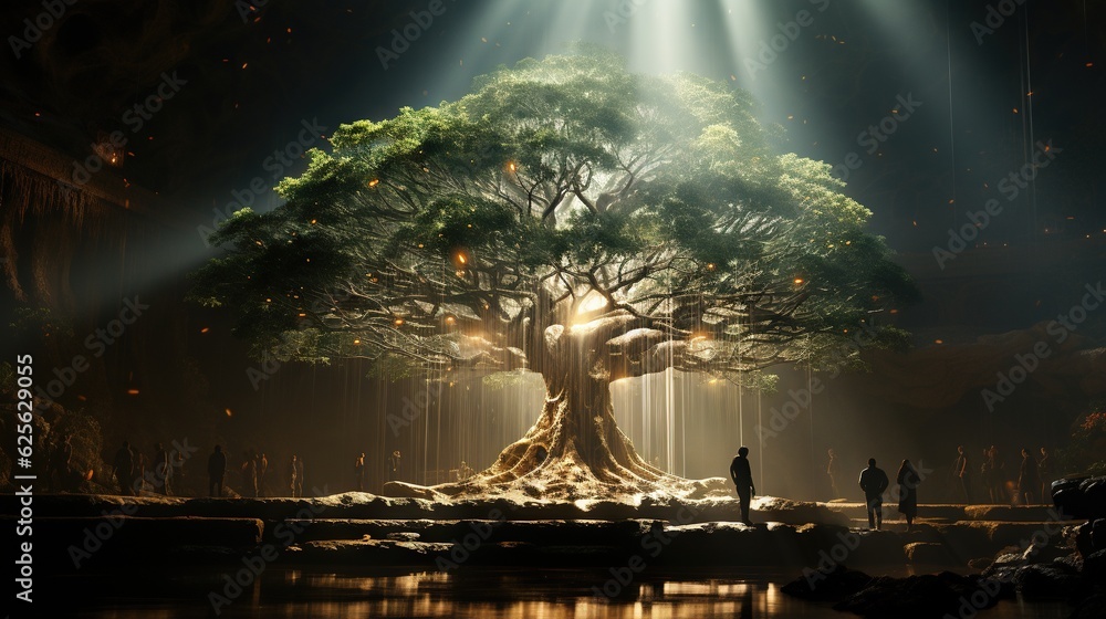 Poster a large tree in the middle of a forest with people standing around it. generative ai