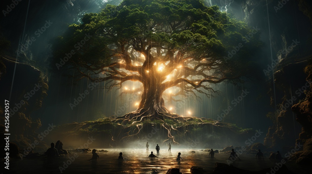 Poster a large tree with many lights in the middle of it. generative ai