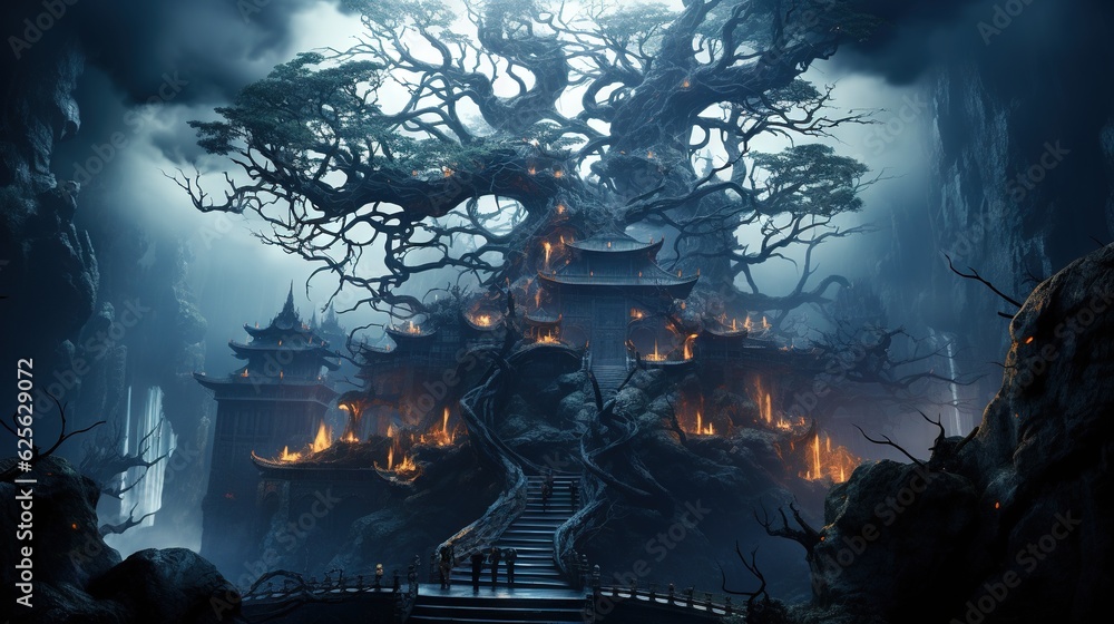 Poster a fantasy scene with a tree and a stairway leading to a castle. generative ai