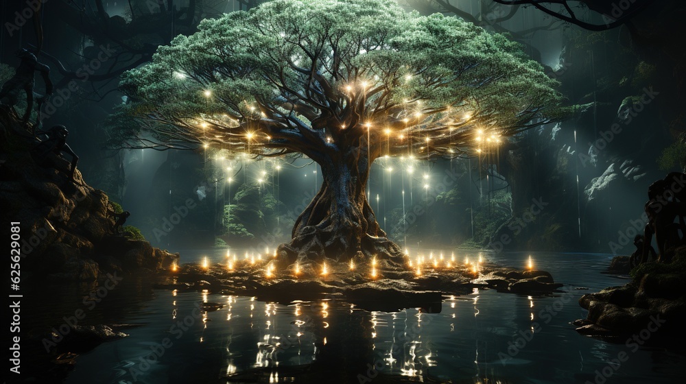 Poster a tree with many lights around it in the middle of a lake. generative ai