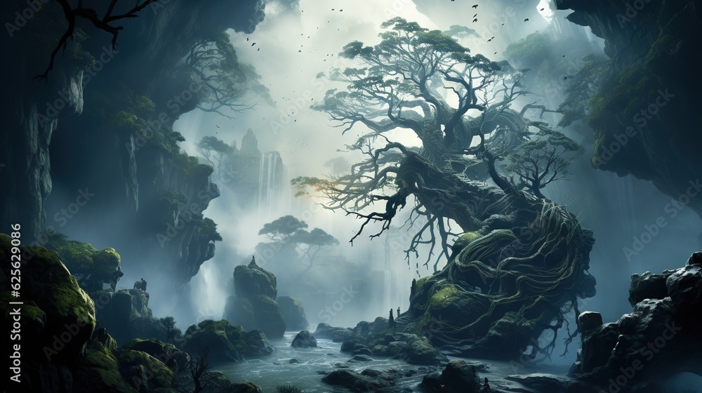 Poster a painting of a forest with a river running through it. generative ai