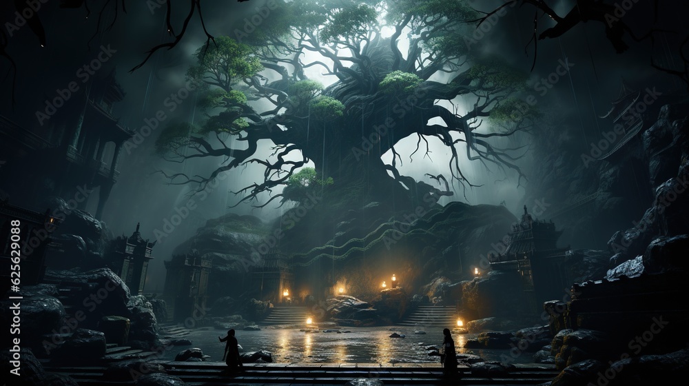 Poster a dark forest with a giant tree in the middle of it. generative ai