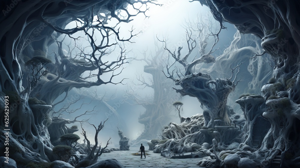 Poster a person standing in a cave with trees and rocks on either side. generative ai