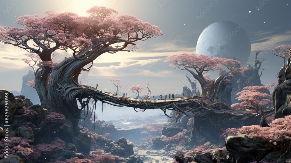 Poster a surreal landscape with a tree in the middle of a forest, surrounded by rocks and a bridge the sky 