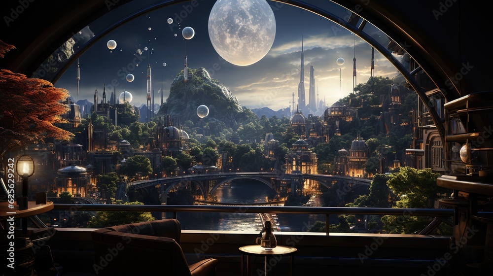 Poster a window view of a city with a bridge and a river. generative ai