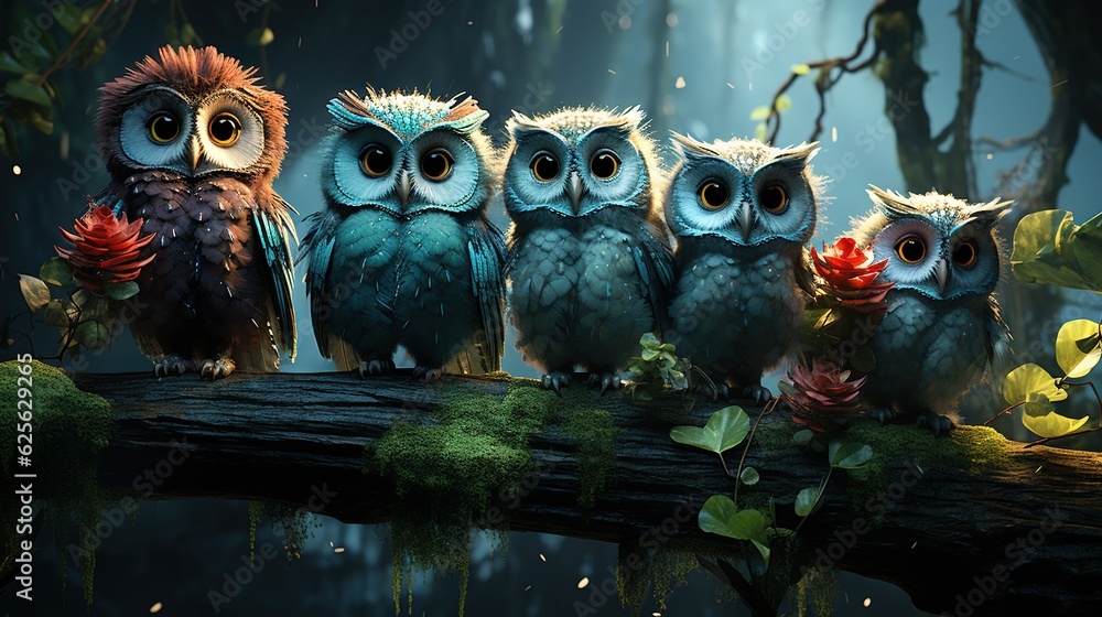 Poster a group of owls sitting on top of a tree branch. generative ai