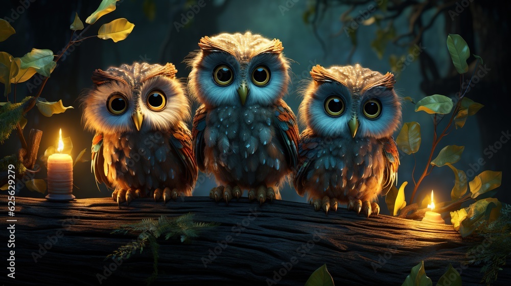 Poster three owls sitting on a branch with a lit candle in the background. generative ai