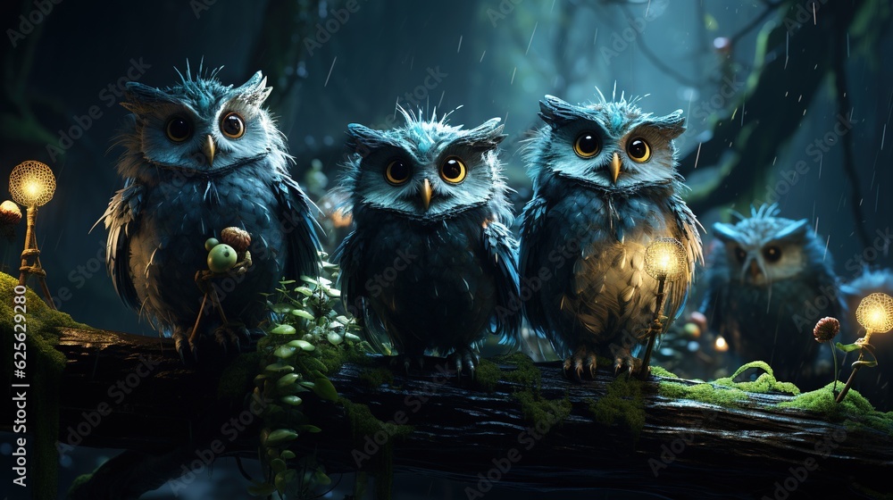Poster a group of owls sitting on top of a tree branch. generative ai
