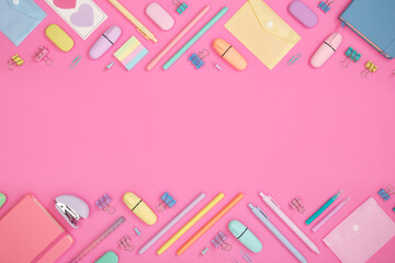 Banner with colorful school and office stationery set on pink background. Flatly, place for your text