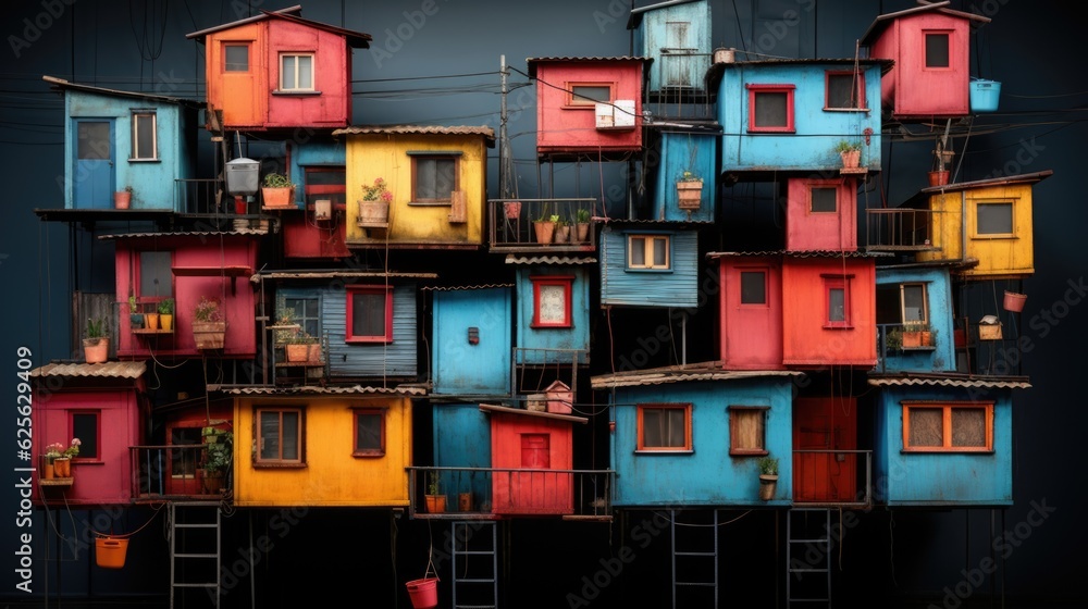 Poster a multicolored building with multiple balconies on top of it. generative ai. .