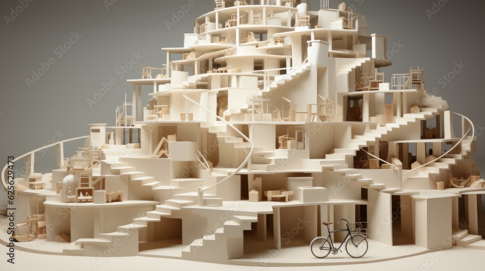 Poster a model of a building with a bicycle in front of it. generative ai. .