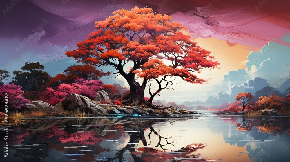 Poster a painting of a lake with a tree in the middle of it. generative ai