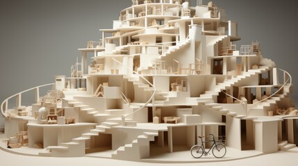 A model of a building with a bicycle in front of it. Generative AI. .