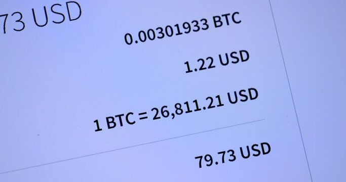 The computer screen displays live bitcoin cryptocurrency sales converting to USD price increases and decrease - fluctuance of the currency