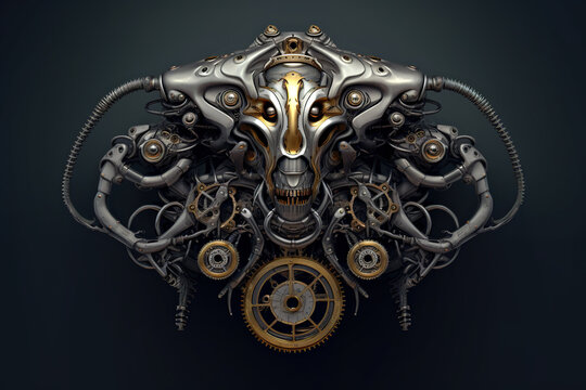 A metal head with gears attached to it. Generative AI. .