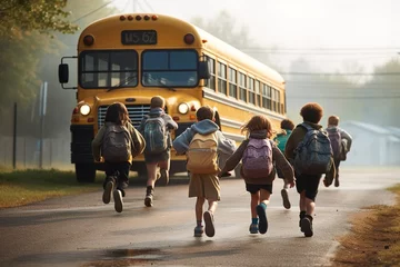 Foto auf Acrylglas Cartoon-Autos kids children running back to school yellow school bus