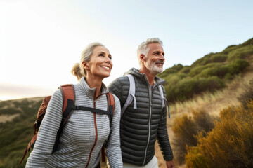 Senior couple admiring the scenic Pacific coast while hiking, filled with wonder at the beauty of nature during their active retirement, generative ai