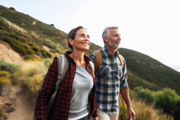 Senior couple admiring the scenic Pacific coast while hiking, filled with wonder at the beauty of nature during their active retirement, generative ai