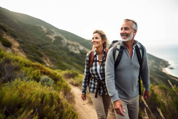 Senior couple admiring the scenic Pacific coast while hiking, filled with wonder at the beauty of nature during their active retirement, generative ai - obrazy, fototapety, plakaty