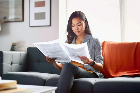 Woman Attentively Reviewing A Pile Of Bills, Contracts, And Documents At Her Home Table, Illustrating Personal Finance Management And Debt, Generative Ai