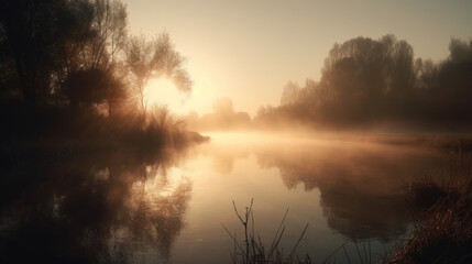 misty sunrise over lake, with reflections of trees and water.