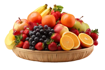 Tuinposter a realistic portrait of mix fruits in a basket isolated on white background PNG © JetHuynh