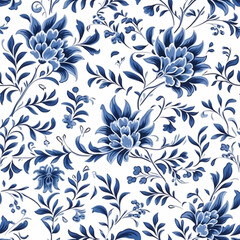 Seamless floral pattern, tileable blue and white country style print with flowers for wallpaper, wrapping paper, scrapbook, fabric and product design, generative ai