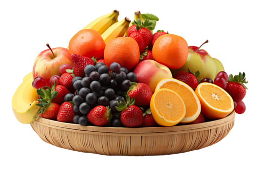 a realistic portrait of mix fruits in a basket isolated on white background PNG