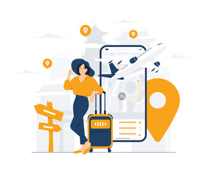 Businesswoman with suitcase bag traveling on vacation holiday. business trip tourism travel Summer, work on the go. traveler in airport departure area waiting for Flight journey concept illustration