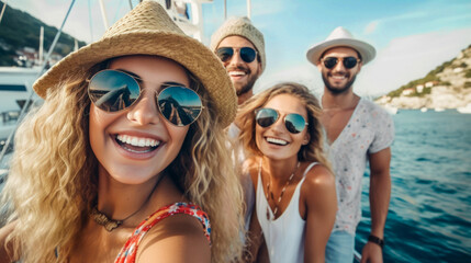 Generative AI image of smiling young female in sunglasses and hat looking at camera together with friends while standing on sailboat and enjoying vacation