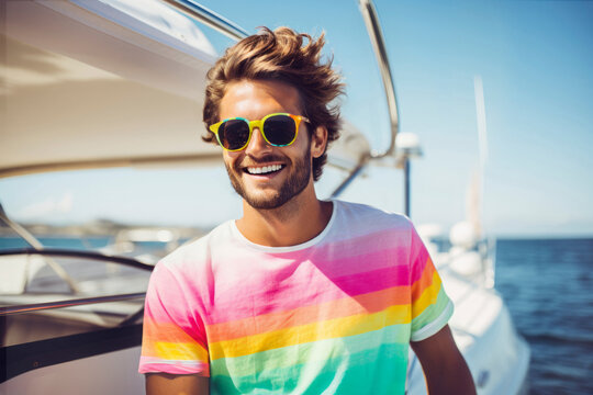 Generative AI portrait of confident cheerful male in sunglasses standing on sail boat in daytime against blurred seawater