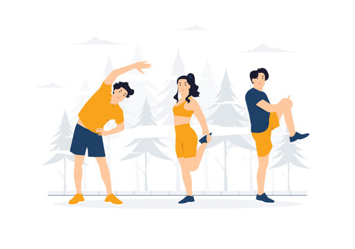 Set of sports people doing stretching fitness workout training in the gym, yoga exercise standing in different pose, Healthy lifestyle and weight loss concept illustration