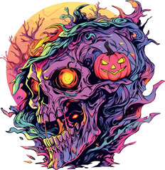 Halloween logo with horror skull and pumpkin, scary sticker, vector illustration t-shirt and apparel printing design art style