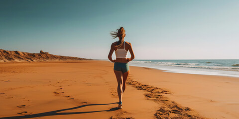 Fototapeta na wymiar Athletic woman running on the beach. Female runner. Generative AI