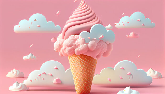 Ice cream cone, On a pastel pink backdrop, there is a cloud ice cream. Illustration of a creative idea notion Ai generated image 