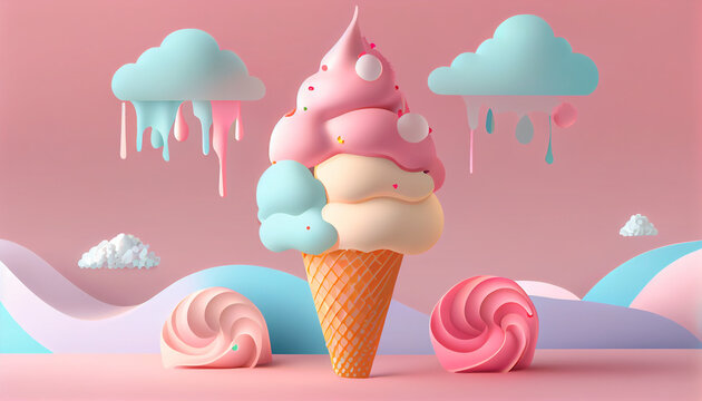 Ice cream cone, On a pastel pink backdrop, there is a cloud ice cream. Illustration of a creative idea notion Ai generated image 