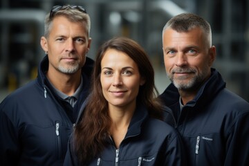 Fototapeta premium industry team Engineers of oil rigs, petrochemical, electricity, three people, arms crossed, background, petrochemical, electric, gas rig.