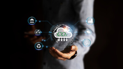Environment, Society and Governance sustainable industry Concept of reducing carbon dioxide emissions in the atmosphere on green leaf background.	