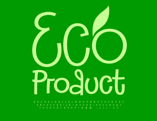 Vector marketing template Eco Product with decorative Leaf. Artistic Green Font. Creative set of Alphabet Letters, Numbers and Symbols