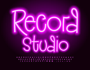 Vector Neon Banner Record Studio. Funny `glowing Font. Playful Electric Alphabet Letters and Numbers set