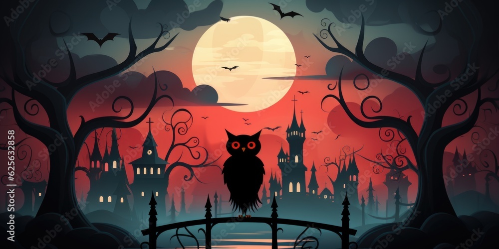 Poster an owl sitting on a bridge in front of a full moon. generative ai. .