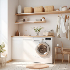 washing machine in the laundry room, minimal design, modern bright interior 