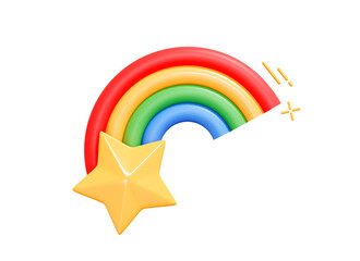 3D Cute shooting star with rainbow tail. Sparkle emoji. Fantasy element. Falling comet. Magic decoration. Cartoon creative design icon. 3D Rendering