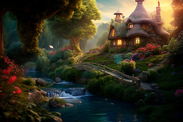 whimsical fairy-tale house in the forest, ai generated - obrazy, fototapety, plakaty