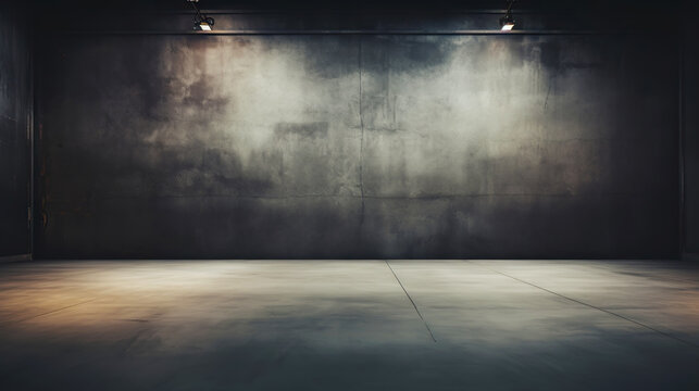 Empty Room With Concrete Walls, Dark Interior With Spotlights. Industrial Copy Space. Generative AI