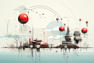 A painting of a futuristic city on a lake. Generative AI. .