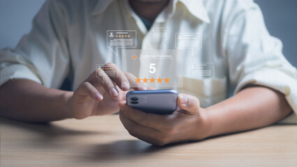 Businessman  using mobile phones are expressing their satisfaction or experience they get from the...